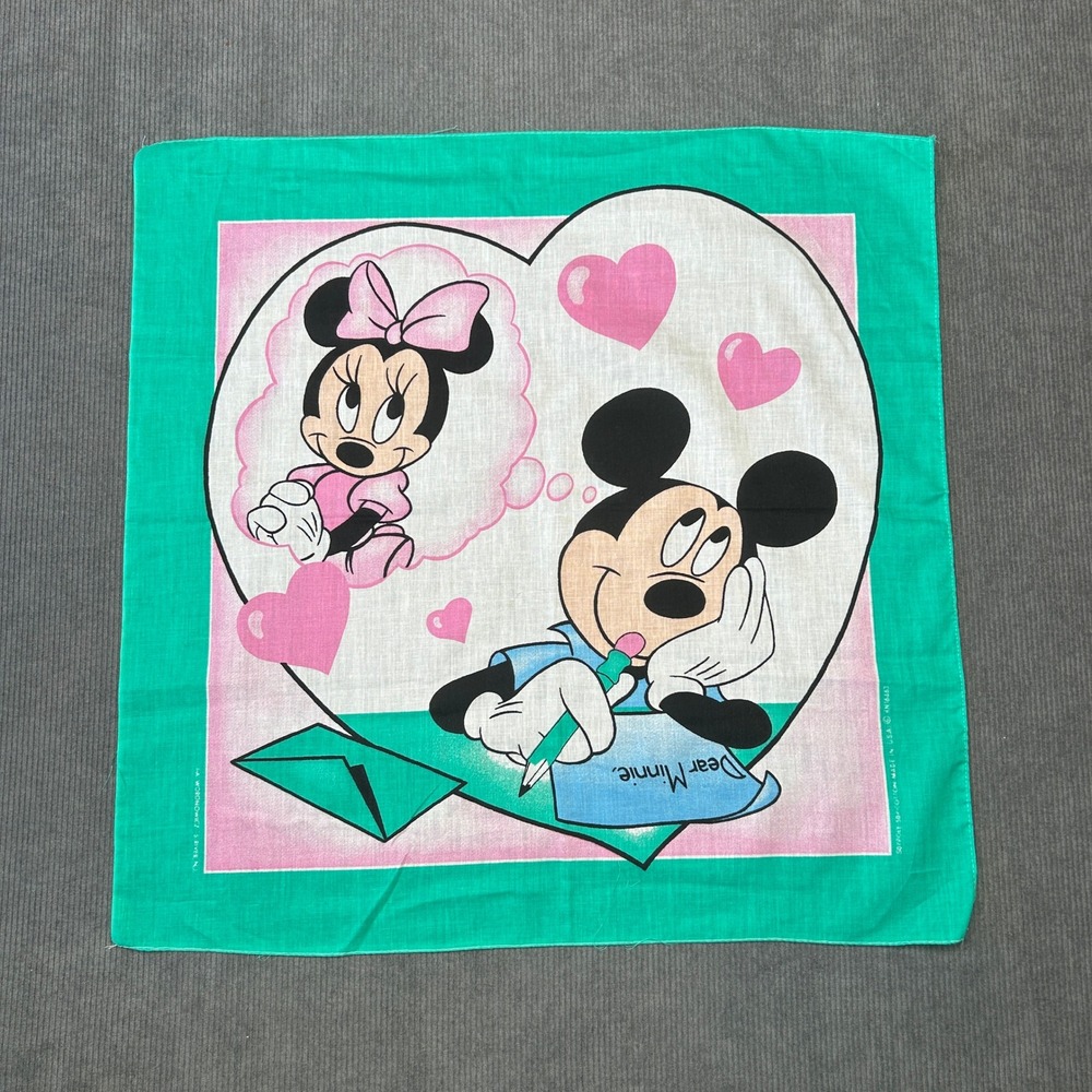 Disney Mickey Minnie Mouse Bandana Teal Pink Cotton Blend Vintage Made In USA